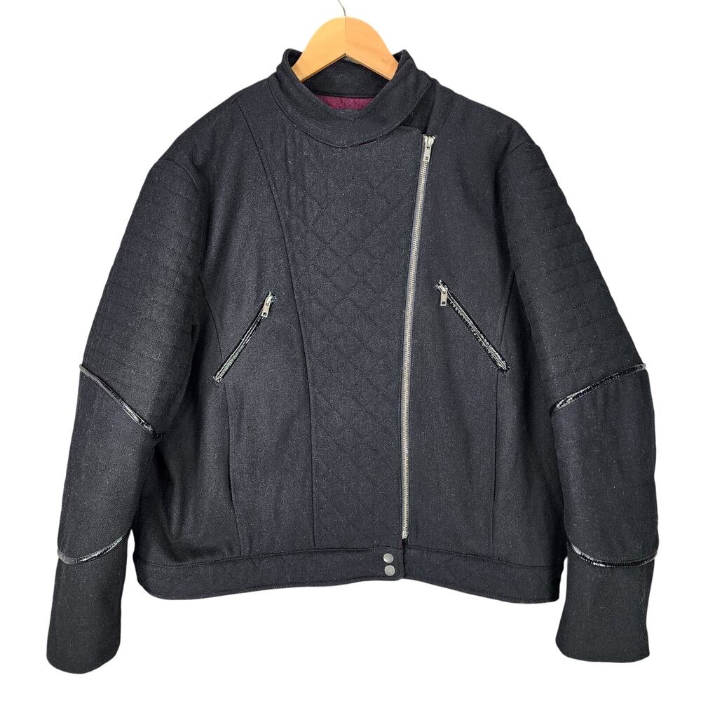 ASOS Quilted Moto Jacket 14 Women Black Bomber Wool Faux Leather Trim Biker READ